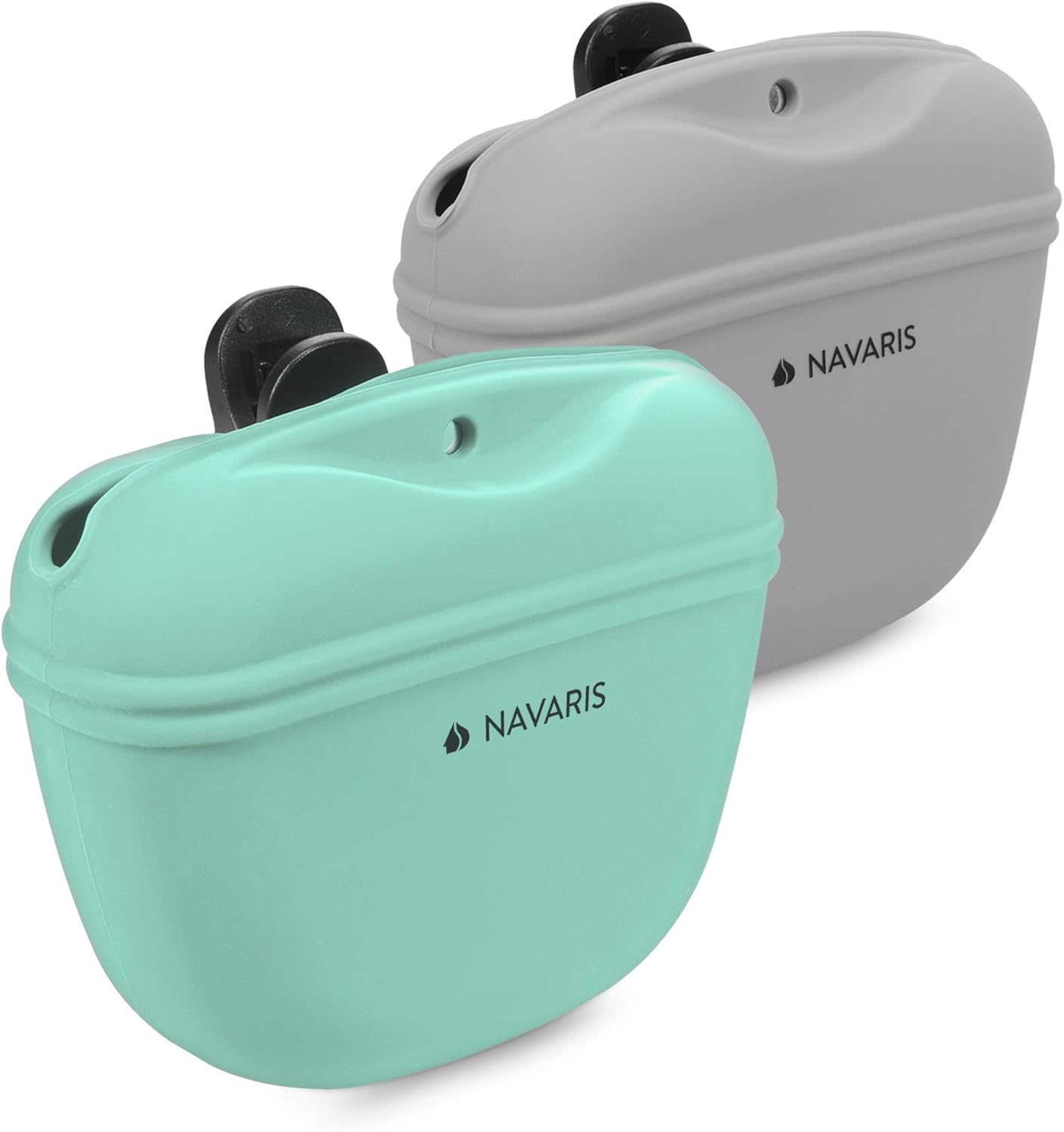 Navaris Silicone Dog Treat Pouches (Set of 2) - Dog Treat Pouch Holder Bag with Clip for Training, Treats, Leash - Polyhedron Design - Blue and Gray