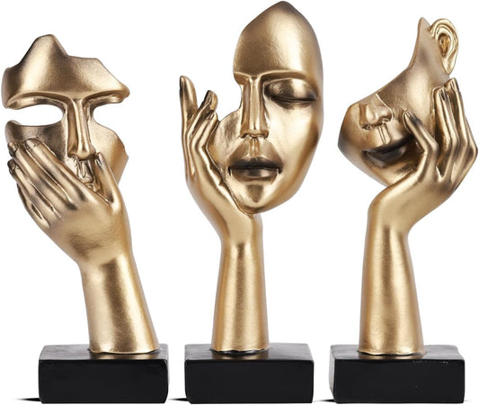 oliruim 3 Pcs Thinker Small Statue Set - Black Gold Abstract Art Figurines Home Living Room Aesthetic Decor Floating Shelf Coffee Table Office Desk Bathroom Counter Decor (3 PCS Gold)