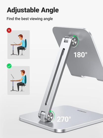 UGREEN Tablet Stand for Desk, Aluminum Stand for iPad Extended Height, Adjustable Foldable Portable Desktop Stand Holder for iPad Pro 12.9 11 9.7 10.5 iPad Air Mini Galaxy Surface iPhone 14 Pro, Grey
