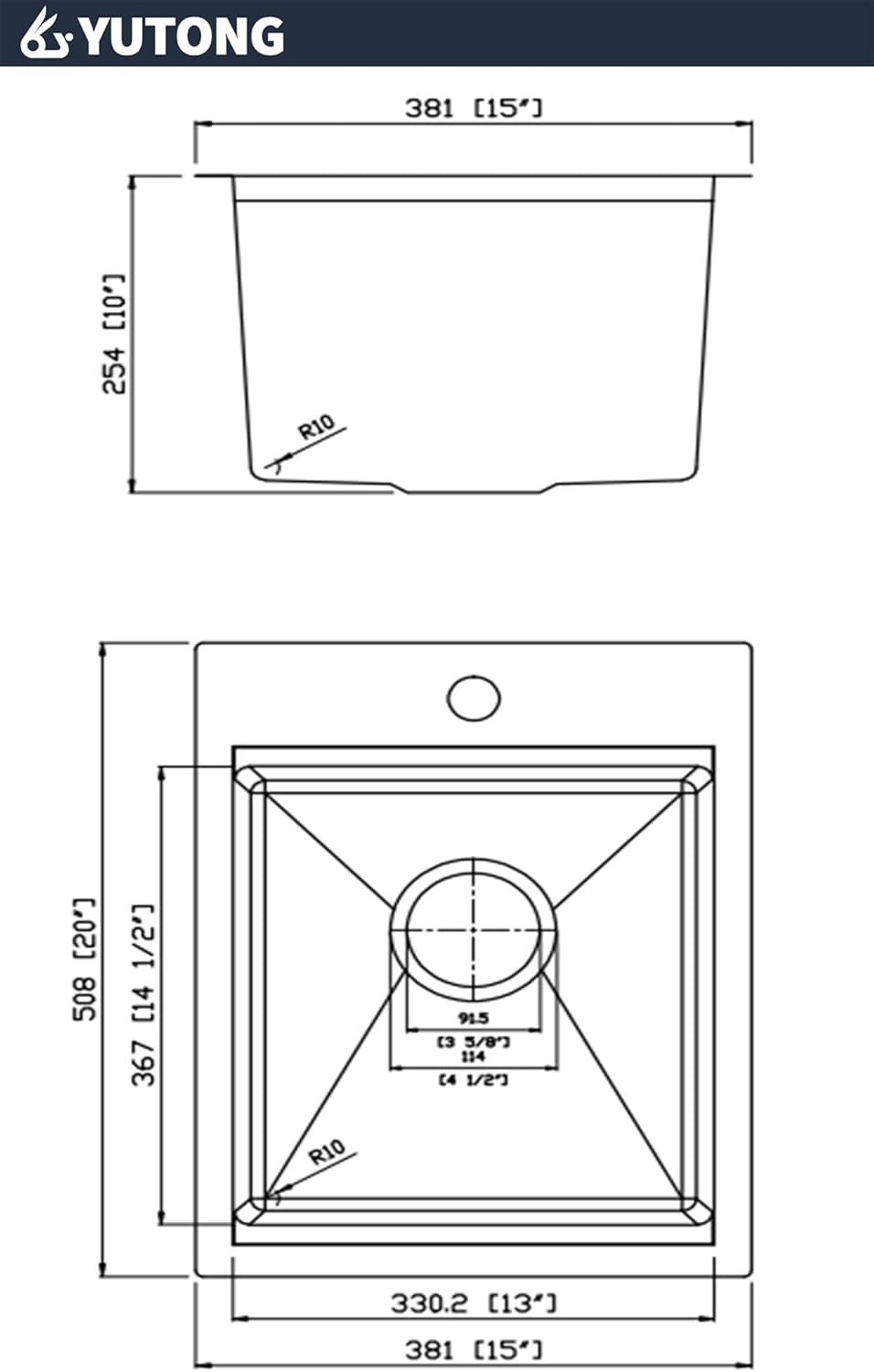 Yutong 16" x 20" Top-Mount/Drop in SS304 Stainless Steel Kitchen Black Sink Single Bowl Without Grid
