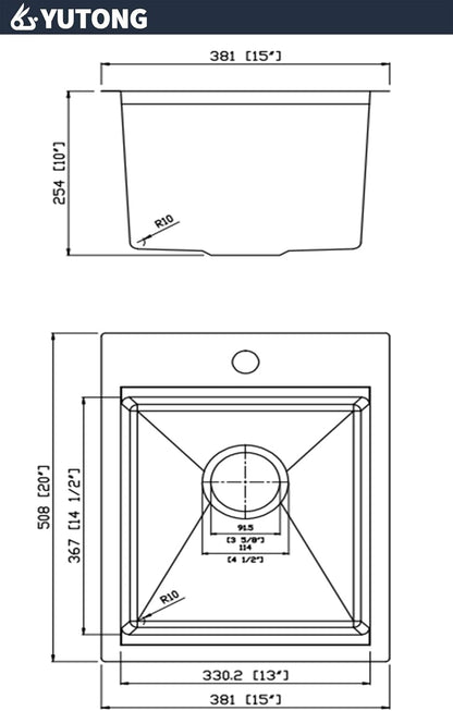 Yutong 16" x 20" Top-Mount/Drop in SS304 Stainless Steel Kitchen Black Sink Single Bowl Without Grid