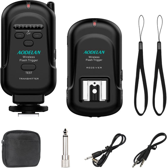 AODELAN Wireless Flash Trigger Transmitter and Receiver Set, Wireless Remote Speedlite Trigger with 3.5mm PC Receiver for Flash Units with Universal Hot Shoe for Canon, for Nikon,for Fuji,for Sony