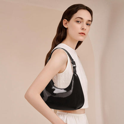 Purilite Select | Patent Leather Crescent Shoulder Bag | Small Going-Out Purse for Women | Cute Zipper Handbag with Adjustable Strap