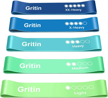 Gritin Resistance Bands, Set of 5 Skin-Friendly Resistance Fitness Exercise Loop Bands with 5 Different Strength Levels - Travel Carrying Case Included - Ideal for Home, Gym, Yoga, Training