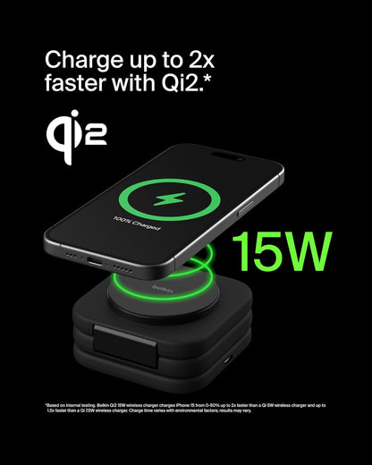 Belkin MagSafe Charger Compatible 3-in-1 Magnetic Charging Travel Pad 15W-BoostCharge Pro Foldable Qi2-Certified Wireless Charger, MagSafe-Compatible Charger for iPhone 16 Series, Apple Watch, AirPods