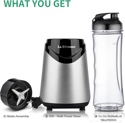 La Reveuse Smoothies Blender Personal Size 300 Watts with 2 Pieces 18 oz BPA Free Portable Travel Sports Bottles (Silver 2 Cups)