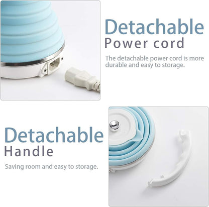 120V 555ML Ultrathin Travel Foldable Electric Kettle with Separable Power Cord and Handle, Boil Dry Protection, Food Grade Silicone
