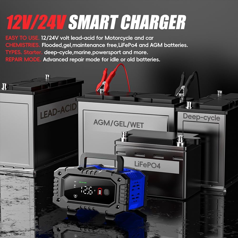 IRICO Multi-Stage Smart Battery Charger for Lithium-ion, LifePo4, AGM, Gel, SLA, Wet, EFB, Deep Cycle Batteries, with Repair Feature. Charge at 12V, 10A or 24V, 5A (12V 10A)