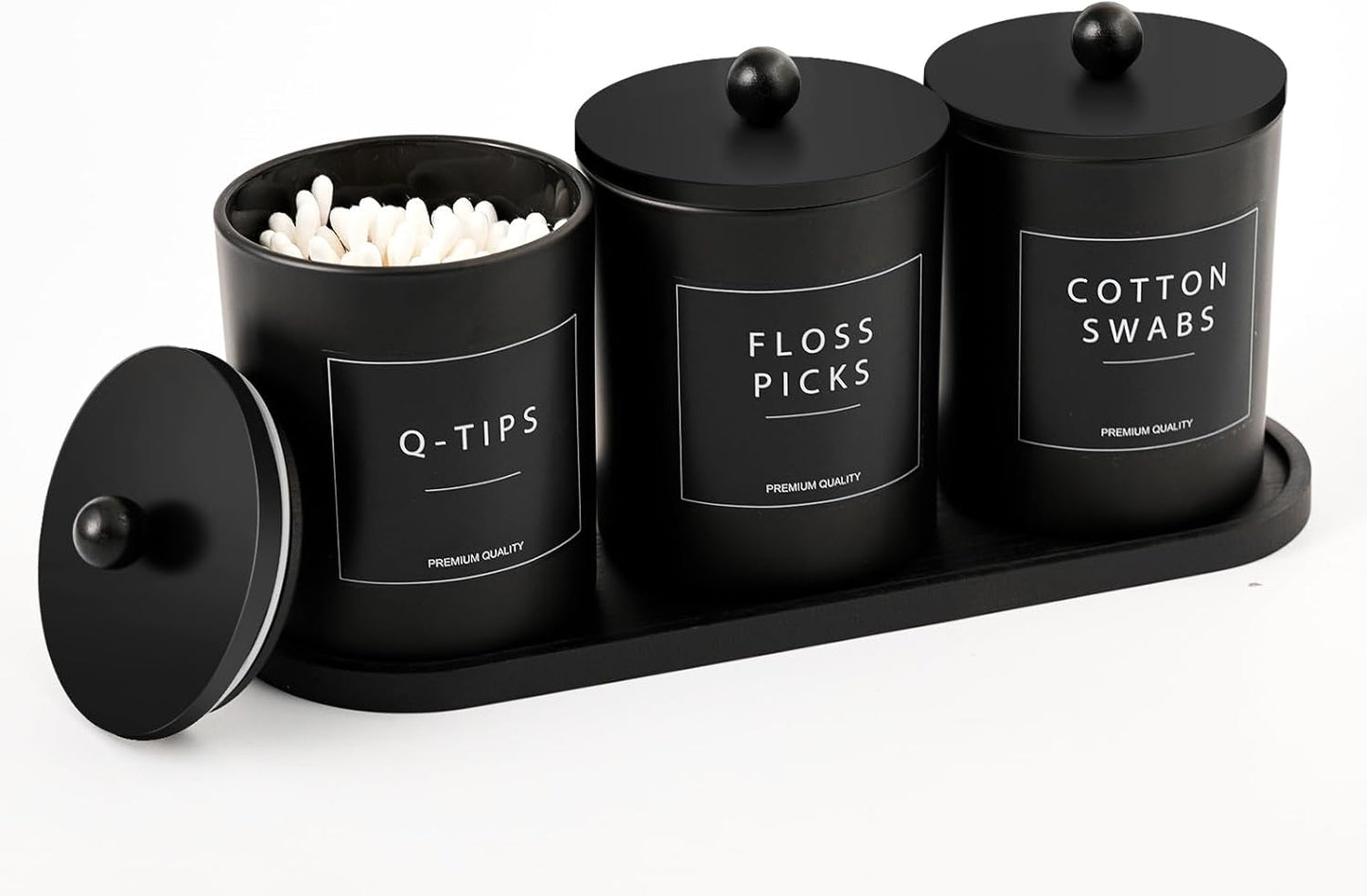 Black Glass Qtip Holder Set with Bamboo Tray, Cotton Swab and Round Dispensers with Lids, Apothecary Bathroom Storage Jars, Set of 3 - PuriLite