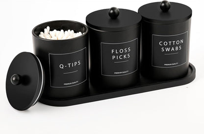 Black Glass Qtip Holder Set with Bamboo Tray, Cotton Swab and Round Dispensers with Lids, Apothecary Bathroom Storage Jars, Set of 3 - PuriLite