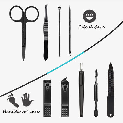 Manicure Set 9 in 1 Stainless Steel, Nail Clippers Scissors Pedicure Tools Kit - Portable Travel Grooming Kit for Men and Women with Black/Red Leather Case (Blue)