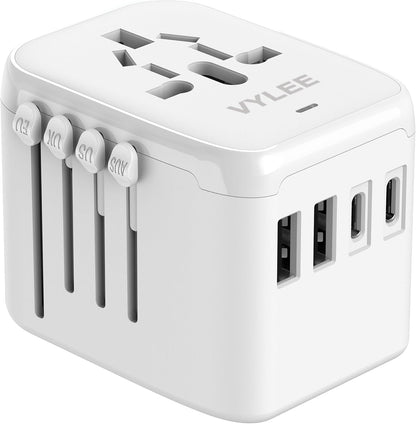 Universal International Power Travel Plug Adapter, 5 in 1 European Travel Plug Adapter W/ 3.5A 2xUSB-A and 2xUSB C Wall Charger and Worldwide AC Outlet for Europe USA UK AUS Asia (White)