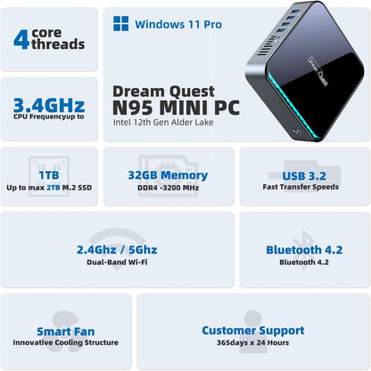 DreamQuest Mini PC Preinstalled Windows 11 Pro,Intel Alder Lake 2025 New N150 (up to 3.6GHz) 16GB DDR4+1TB M.2 SSD,Mini Desktop Computer 4K HD HDMI/WiFi5/BT5.0/USB3.2/Gigabit Port for Home Office