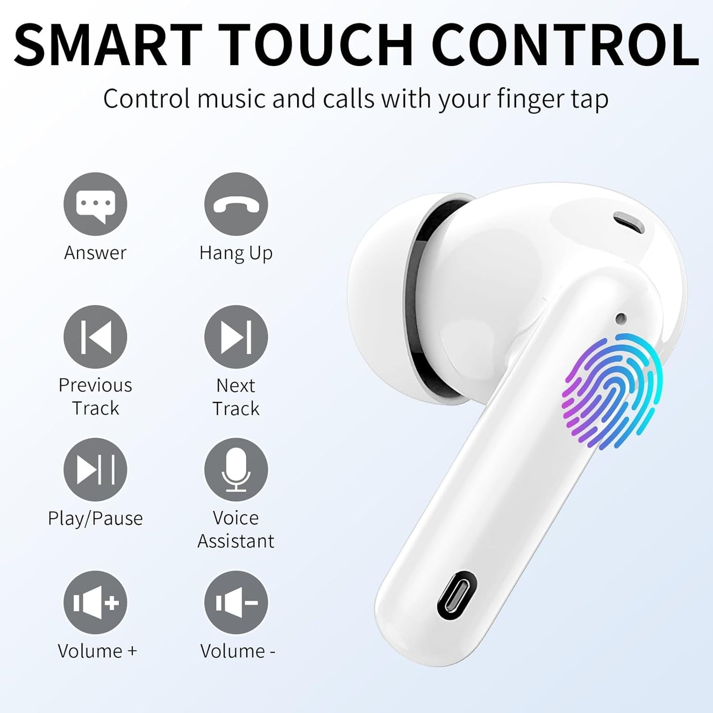Wireless Earbuds, Bluetooth Headphones 5.4 HiFi Stereo, Wireless Earphones with ENC Noise Cancelling Mic, IP7 Waterproof in Ear Headphones, LED Digital Display Ear Buds, Touch Control, White
