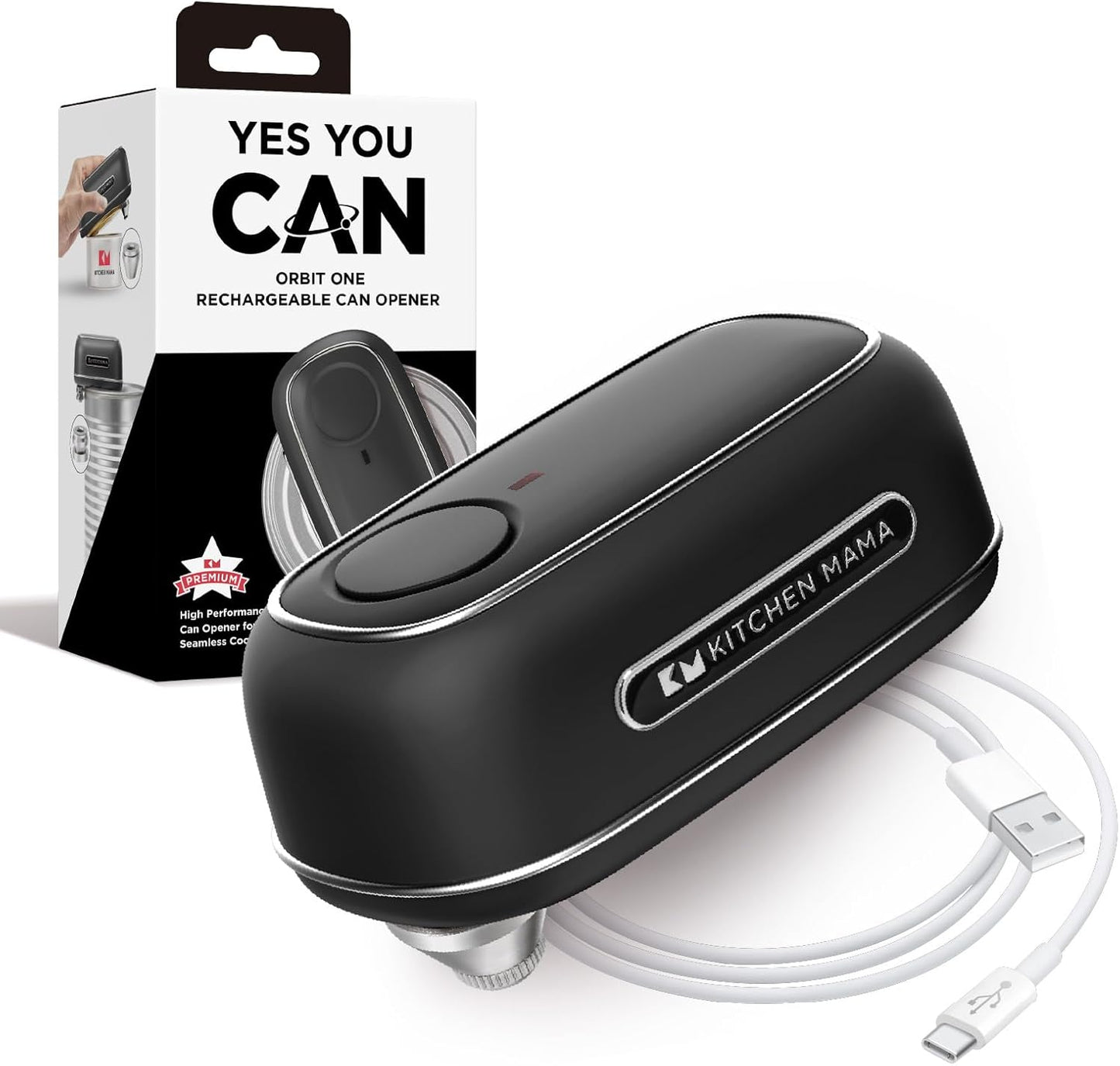 Kitchen Mama Orbit One Stainless Steel Rechargeable Electric Can Opener: Hands-Free, USB-C Charging, Automatic Stop, Smooth Edge, Safety, Blade for Large Cans, Heavy Duty, Soda Can and Pop Can