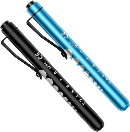 RISEMART Pen Lights for Nurses, 2 Pack Reusable Medical Light with Pupil Gauge and Ruler, White Light LED Penlight for Student Doctors EMT (Black/White)