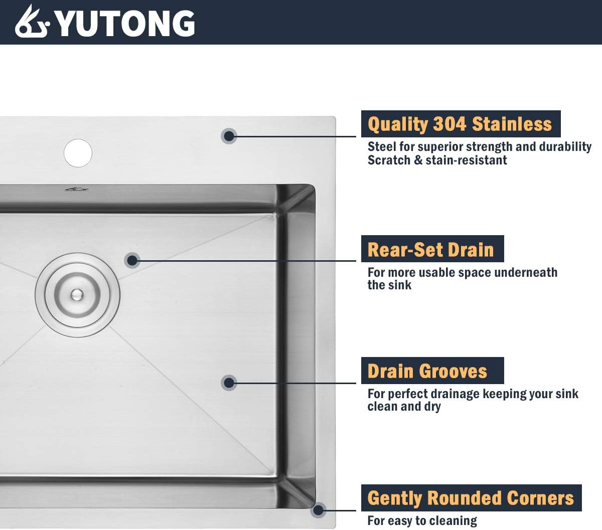 Yutong 16" x 20" Top-Mount/Drop in SS304 Stainless Steel Kitchen Black Sink Single Bowl Without Grid