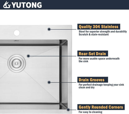 Yutong 16" x 20" Top-Mount/Drop in SS304 Stainless Steel Kitchen Black Sink Single Bowl Without Grid