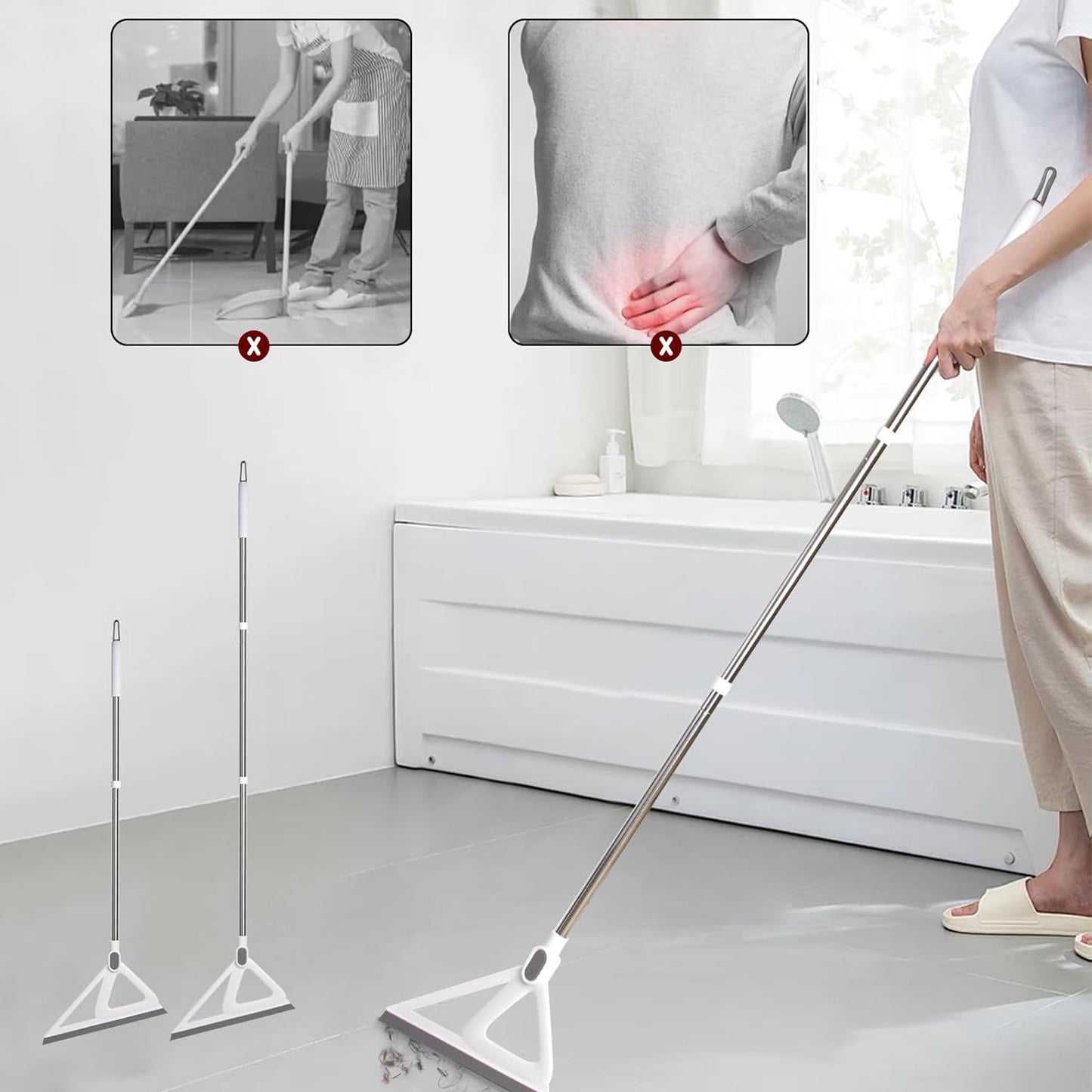 Rubber Squeegee Broom for Pet Hair, Magic Broom Sweeping Water, Multifunction Scraping Silicone Broom, Long Handle Squeegee for Floor, Wall, White, 1-Pack & 1 * Broom Head Replacement