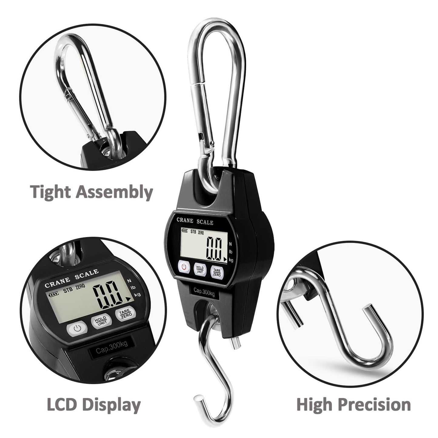 GRAM PRES Digital Hanging Scale 660 Lb 300 Kg Hanging Digital Scale, Handheld Mini Crane Scale with Hooks for Farm Hunting Fishing Outdoor