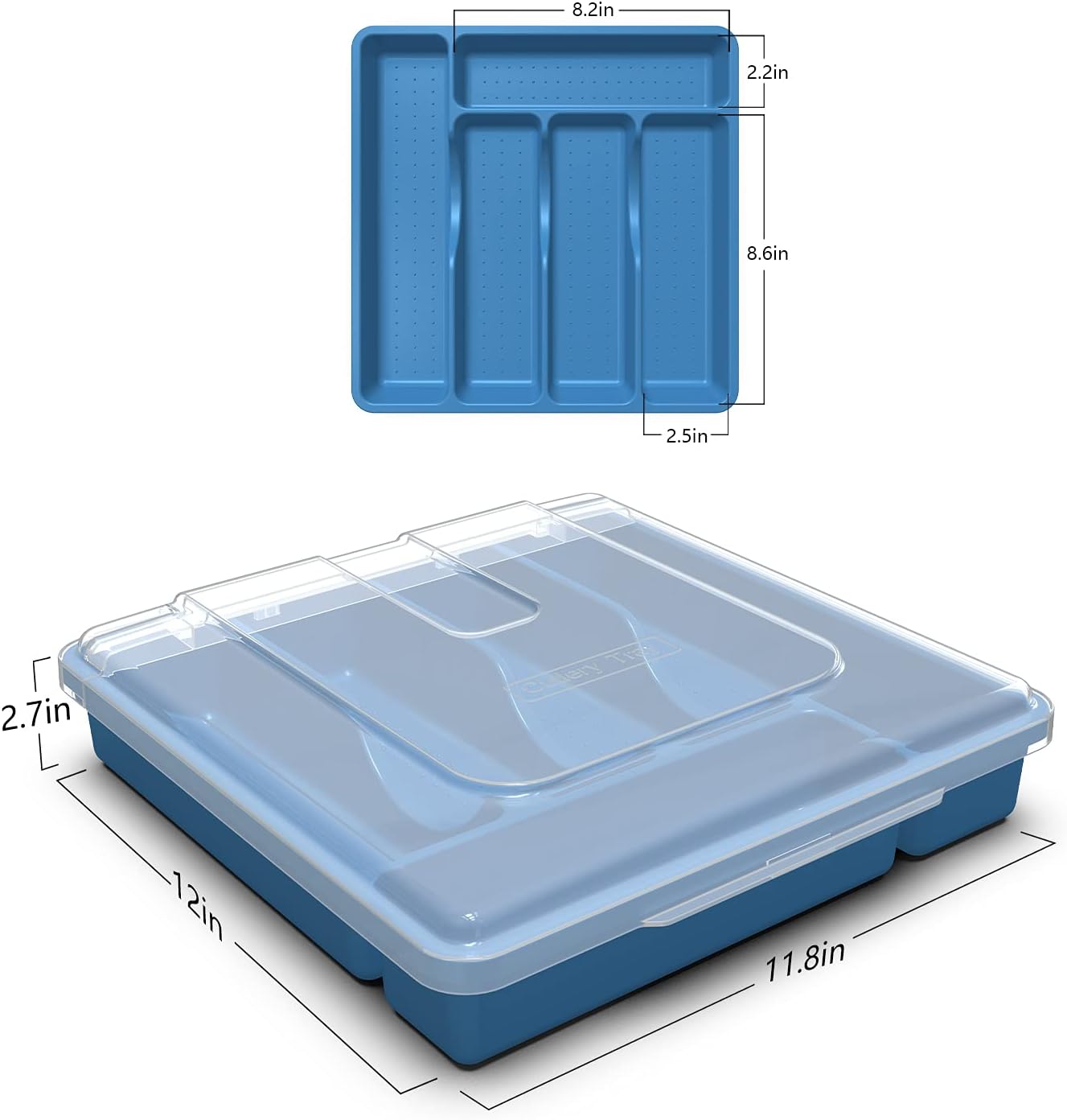 Silverware Tray with Lid, Utensil Drawer Organizer for Kitchen Countertop Plastic Flatware Organizers and Storage holder 5 Compartments,Blue