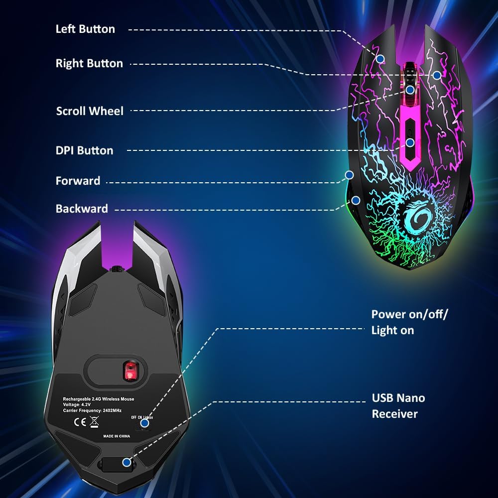 VersionTECH. Wireless Gaming Mouse Rechargeable Computer Mouse Mice Souris with Colorful LED Lights Silent Click 2.4G USB Nano Receiver 3 Level DPI for PC Gamer Laptop Desktop Chromebook Mac