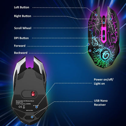 VersionTECH. Wireless Gaming Mouse Rechargeable Computer Mouse Mice Souris with Colorful LED Lights Silent Click 2.4G USB Nano Receiver 3 Level DPI for PC Gamer Laptop Desktop Chromebook Mac