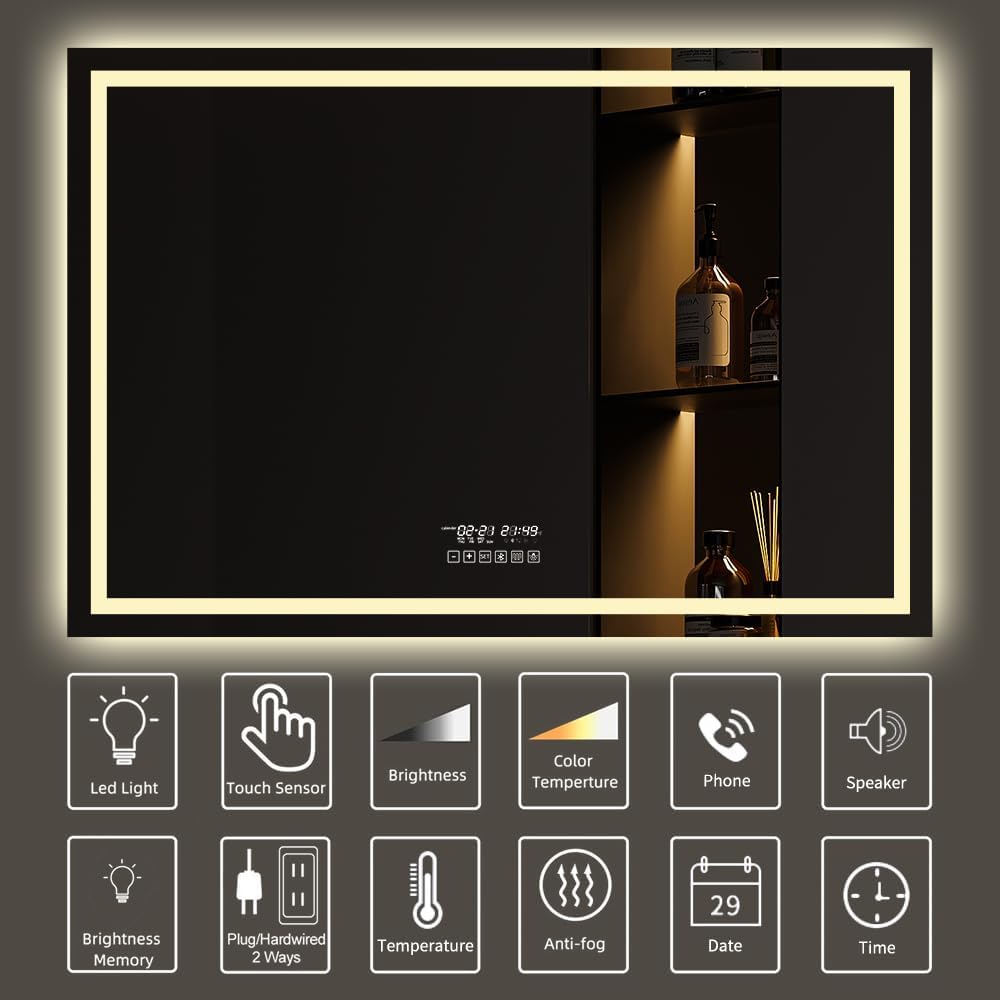 Gesipor 40"x32" Bathroom LED Mirror with Wireless Speaker Wall Switch - Lighted Vanity Mirrors for Bathroom Wall Mounted Backlit, Dimmable Light 3000K/6000K Anti-Fog Makeup Smart Mirror (Horizontal)