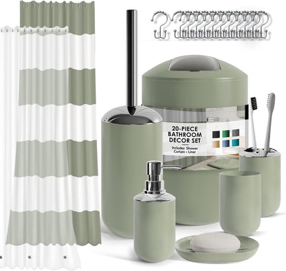 Clara Clark Bathroom Set - Gray Bathroom Accessories Set, Bathroom Sets with Shower Curtain and Rugs, 23PC Shower Curtain Set with Liner, Soap Dispenser, Soap Dish, Toilet Brush Holder, and Trash Can