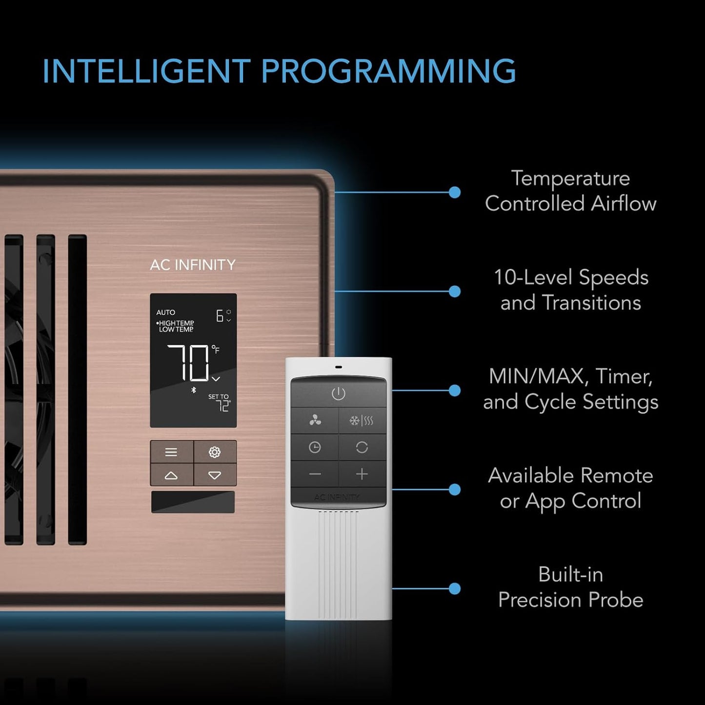 AC INFINITY AIRTAP T4, Quiet Register Booster Fan with Thermostat Control. Brown Bronze Vent. Fits 4 In x 10 In Registers.