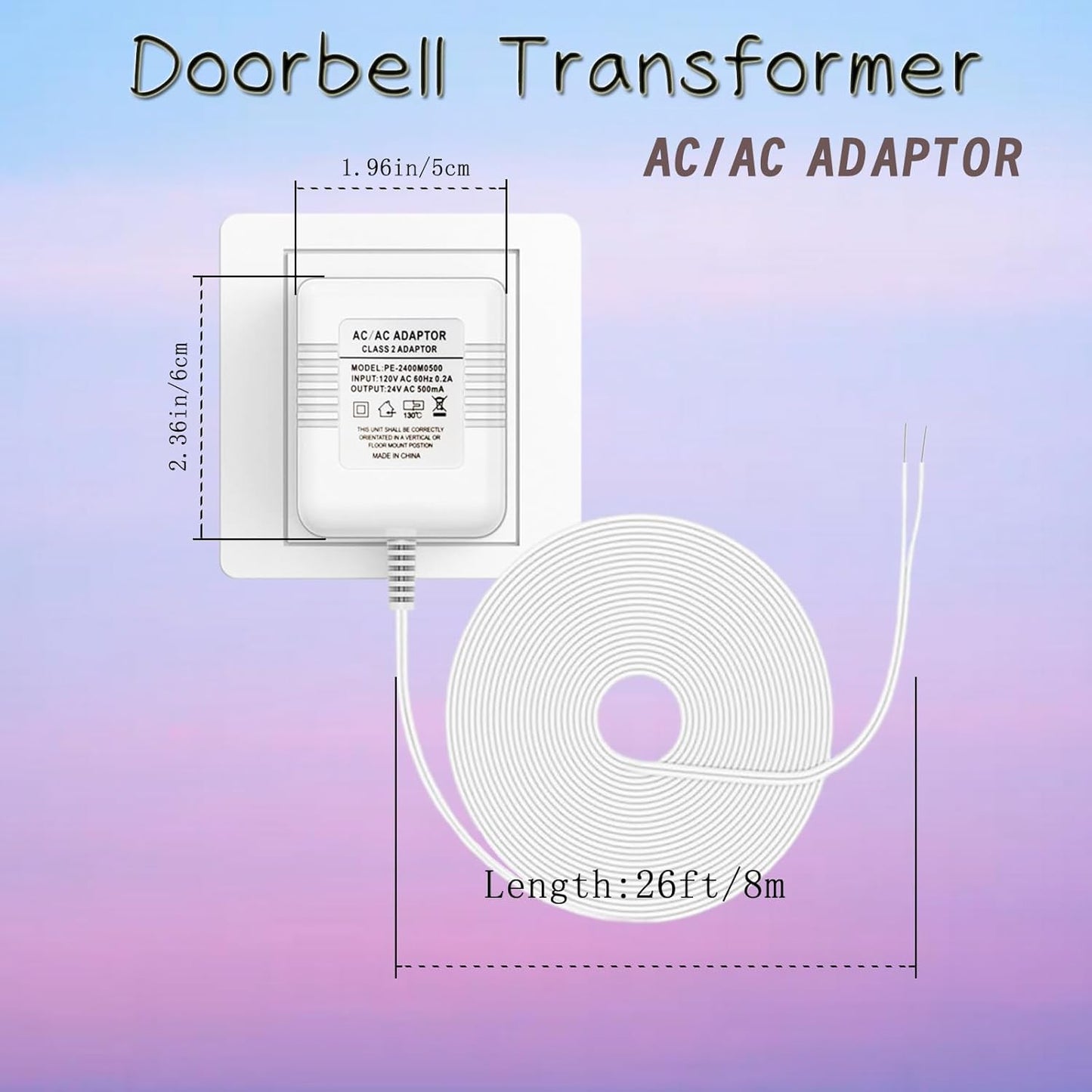 24V 500mA Power Adapter,Extra Long 26ft Extension Cabel Doorbell Transformer for Nest Ecobee Sensi,Honeywell,Ring Video Doorbell,Wyze Doorbell,Eufy Pro Cam,Power Supply