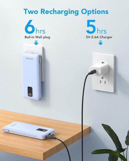 Charmast 10000mAh Portable Charger with Built-in Cables and AC Wall Plug,USB C Battery Pack Power Bank,5 Output 2 Input Battery Pack Compatible with iPhone 16/15/14/13/12,Andriod Series