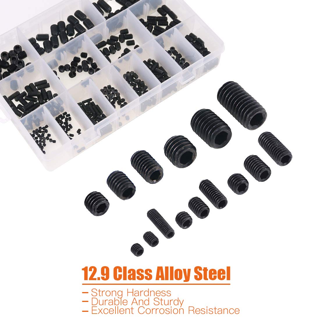 Rustark 450Pcs M3/M4/M5/M6/M8 Allen Head Socket Hex Grub Screw Set Assortment Kit with Internal Hex Drive - 12.9 Class Black Alloy Steel