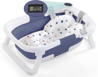 nordmiex Foldable Baby Bathtub for Infants to Toddler,Portable Travel Multifunctional with Drain Hole,Collapsible Newborn 0-36 Month (Blue White+Baby Bath Cushion+Waterproof Ear Cap)
