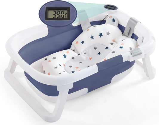 nordmiex Foldable Baby Bathtub for Infants to Toddler,Portable Travel Multifunctional with Drain Hole,Collapsible Newborn 0-36 Month (Blue White+Baby Bath Cushion+Waterproof Ear Cap)
