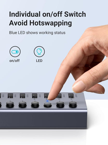 UGREEN Powered USB Hub 3.0,7 Ports USB Splitter with 4 Smart Charging Ports Aluminum Individual LED Power Switches Extension 12V 2A Charging Adapter for PC Laptop, MacBook Pro Air Mini