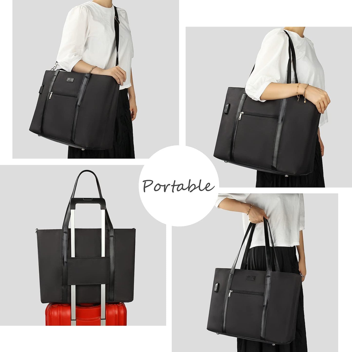 Laptop Bag for Women 17.3 Inch Laptop Tote Bag Large Work Tote Bag Waterproof Work Bag Teacher Bag with USB Charging Port Computer Tote Bag Nylon Handbag Satchel Shoulder Bag(17.3 inch, Black) - PuriLite