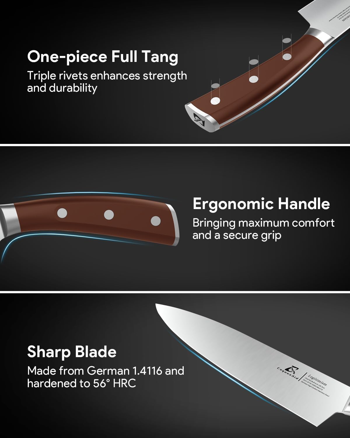 Knife Set with Block, Kitchen Chef Knives Set with Sharpener, Stainless Steel Knife Block Set, 6 Pcs Steak Knife Set Serrated, German Dishwasher Safe, Beveled Design Brown 15 Pieces