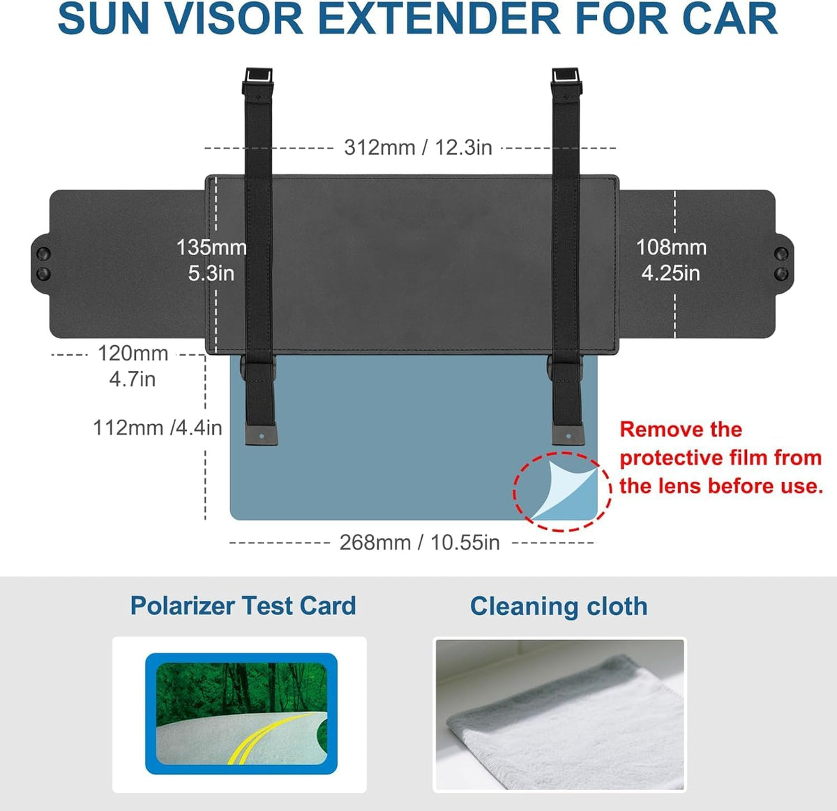 Sun Visor Extender for Car with 2 Side Sunshade, Polarized Car Visor Extender Sun Blocker, UV400 Visor Extender Attachment with PC Lens, Anti-Glare for Safe Driving