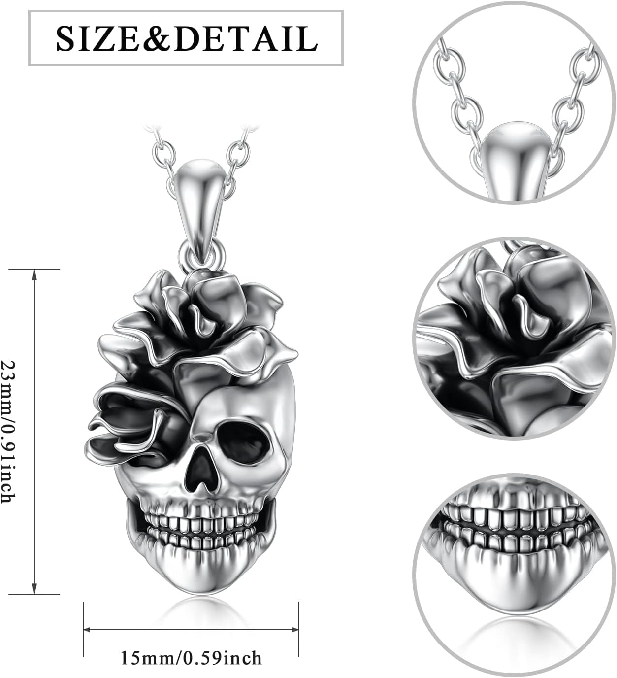 Seiyang Skull Necklace 925 Sterling Silver Gothic Pendant Jewelry Gift for Men Women (with Gift Box)