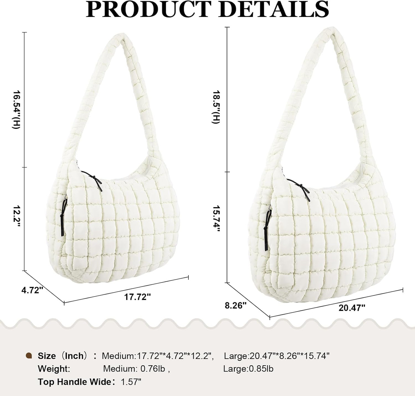 Quilted Puffer Tote Bag Large Crossbody Shoulder Bag with Zipper, Nylon Hobo Oversized Handbag