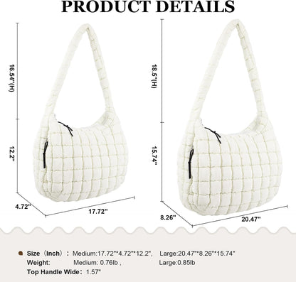 Quilted Puffer Tote Bag Large Crossbody Shoulder Bag with Zipper, Nylon Hobo Oversized Handbag