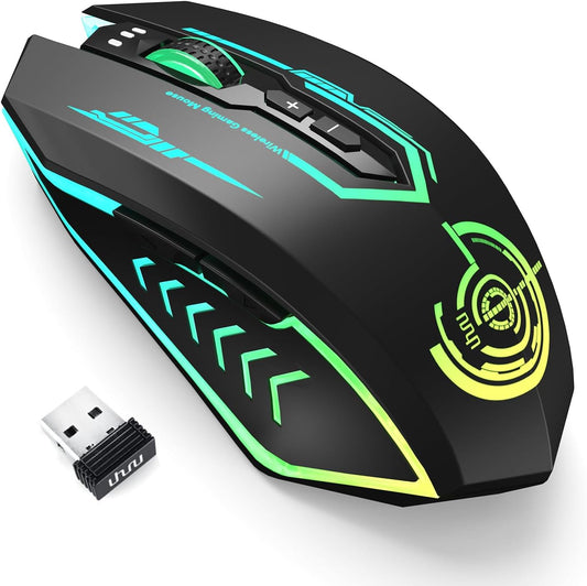 Wireless Gaming Mouse Up to 10000 DPI, UHURU Rechargeable USB Wireless Mouse with 6 Buttons 7 Changeable LED Color Ergonomic Programmable MMO RPG for PC Laptop, Compatible with Windows Mac