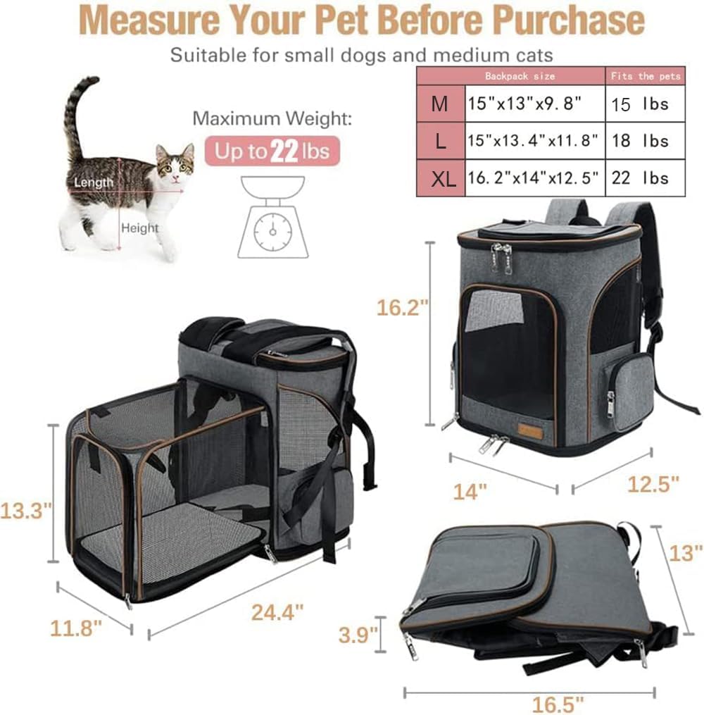 Lekesky Cat Backpack Expandable Dog Carrier Backpack Airline Approved Pet Backpack Carrier for Cats, Small Dogs, Puppies Under 13 Lbs, Grey