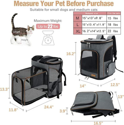 Lekesky Cat Backpack Expandable Dog Carrier Backpack Airline Approved Pet Backpack Carrier for Cats, Small Dogs, Puppies Under 13 Lbs, Grey