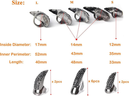 Bestga 10 PCS Halloween Costume Claws Fake Nails Ring Set, Gothic Punk 3 Sizes Crystal Full Finger Rings Paved Paw Bend Fingertip Fingernail Claw Girls Women Men Ring False Easy Long Nails (Black)