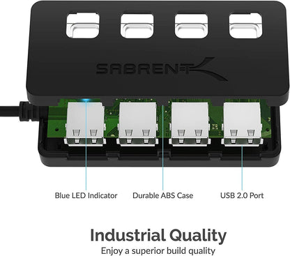 SABRENT USB hub, USB Adapter 2.0, 4 Port USB Extension with ON/Off switches, Multiple USB Splitter for SSD, PS4 PS5, PlayStation 5, Laptop, PC, Printer, MacBook, USB Stick, Notebook (HB-UMLS)
