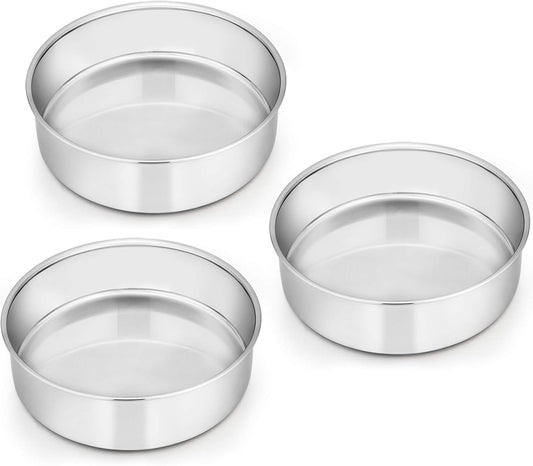 6 Inch Cake Pan Set of 3, E-far Stainless Steel Round Smash Cake Baking Pans, Non-Toxic & Healthy, Mirror Finish & Dishwasher Safe