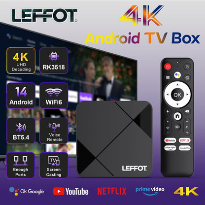 LEFFOT Android TV Box 14, 2025Smart 4K UHD Steaming Devices for TV,2GB RAM + 16GB ROM,Home Smat TV Box,with HDR10,2.4G&5G WiFi 6,BT 5.0 RK3518