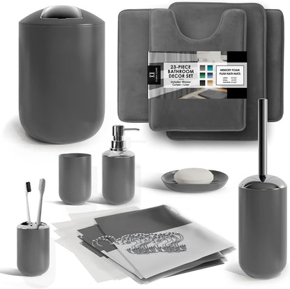 Clara Clark Bathroom Set - Gray Bathroom Accessories Set, Bathroom Sets with Shower Curtain and Rugs, 23PC Shower Curtain Set with Liner, Soap Dispenser, Soap Dish, Toilet Brush Holder, and Trash Can